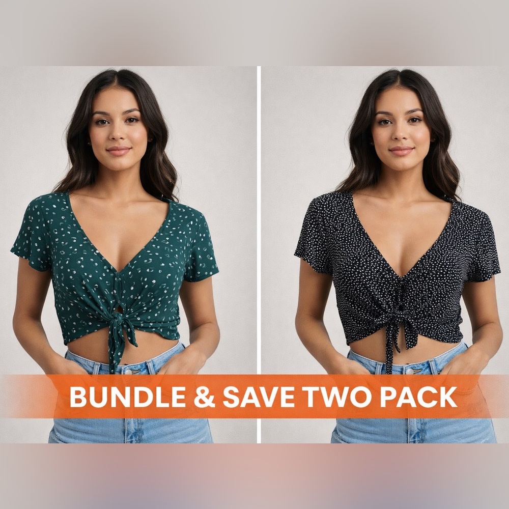 2-pack La Hearts Black and White + Green Tie Front Crop Blouses